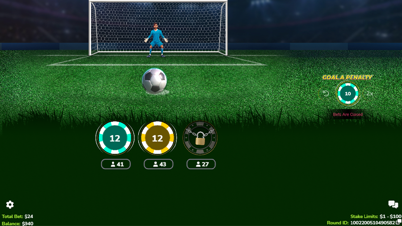 Before the shoot, two equal bets appear on Save and Goal with chips in different colors, while the Out option is locked with a padlock and chain.