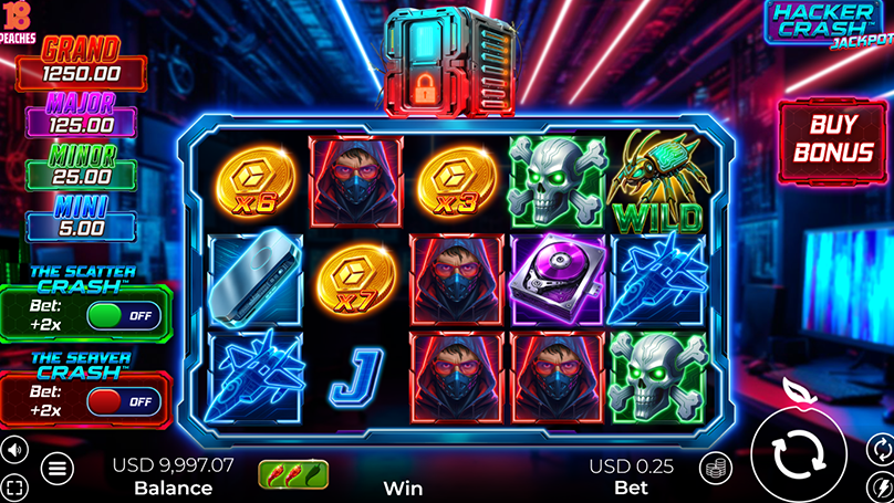 Coin multipliers, Wild Bug, and a locked Data Core highlight the slot’s key bonus and jackpot triggers.