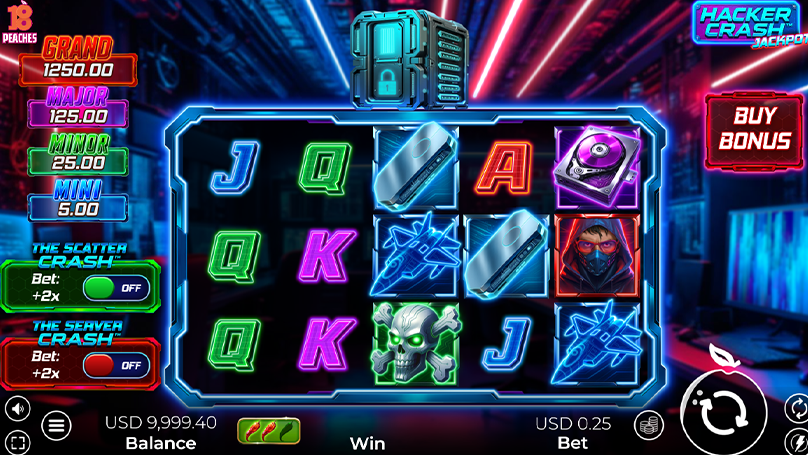 Neon-lit reels with hackers, skulls, and digital royals set against a glowing cyberpunk server room backdrop.