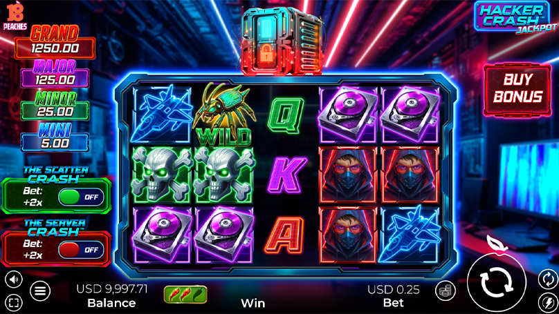 Reels feature stacked hacker and skull symbols beside jackpot tiers from Mini to Grand on a bright panel.