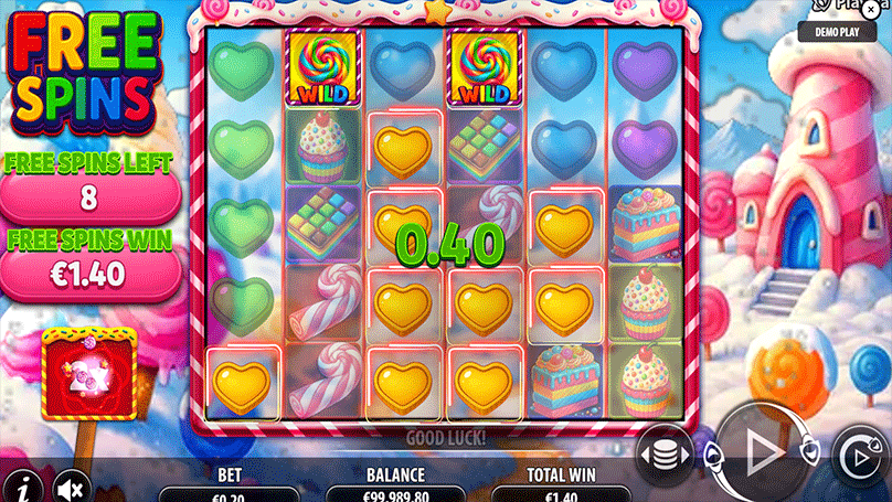 The Scatter baker unlocks free spins, while the swirly Candy Wilds boost cluster wins.