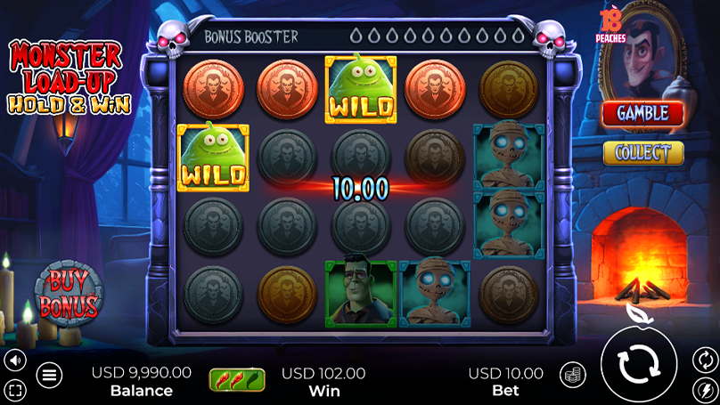Monster Load-Up Hold & Win slot paytable showing symbol values, combos, and winning potential for players.