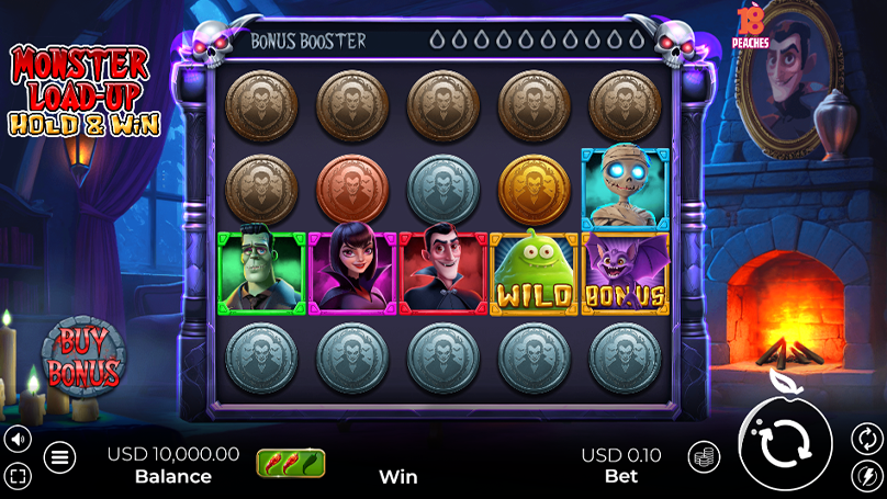 Screenshot showing the "Monster Load-Up Hold & Win" game interface with vibrant graphics and symbols.