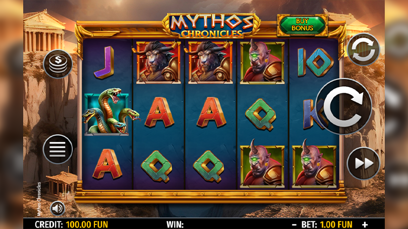 Mythos Chronicles online slot base game with Greek mythology-themed symbols and a 5-reel grid.
