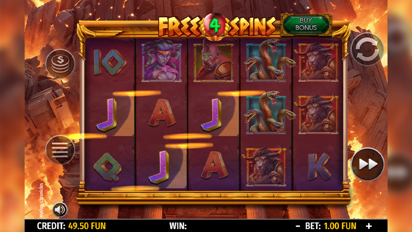 Mythos Chronicles slot free spins game screen with Greek Mythology-themed symbols and 4 Free Spins remaining at the top.