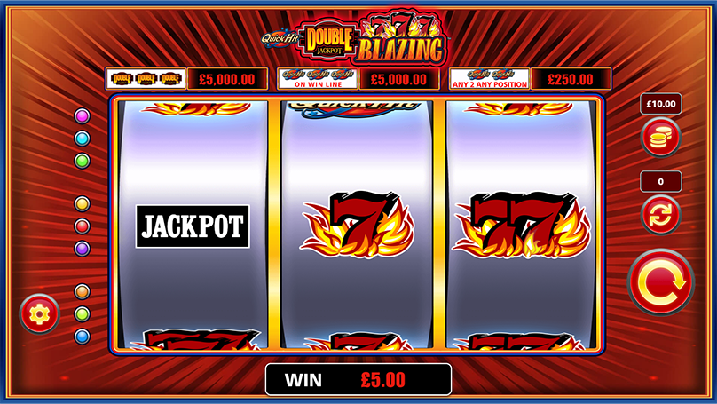 Quick Hit Double Jackpot Blazing 777s delivering a win of €5 on a bet of €10 with a single payline execution.