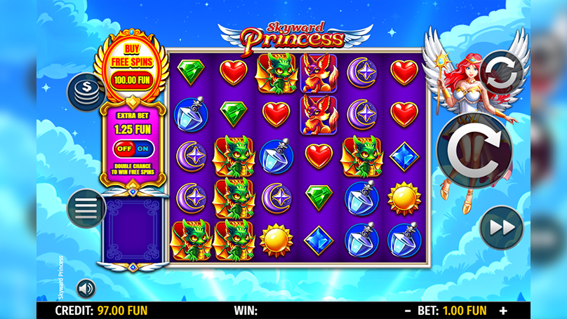 Several green dragons, a few red foxes, and other symbols, including magic portions, celestial bodies, and gems, assume the Skyward Princess grid. 