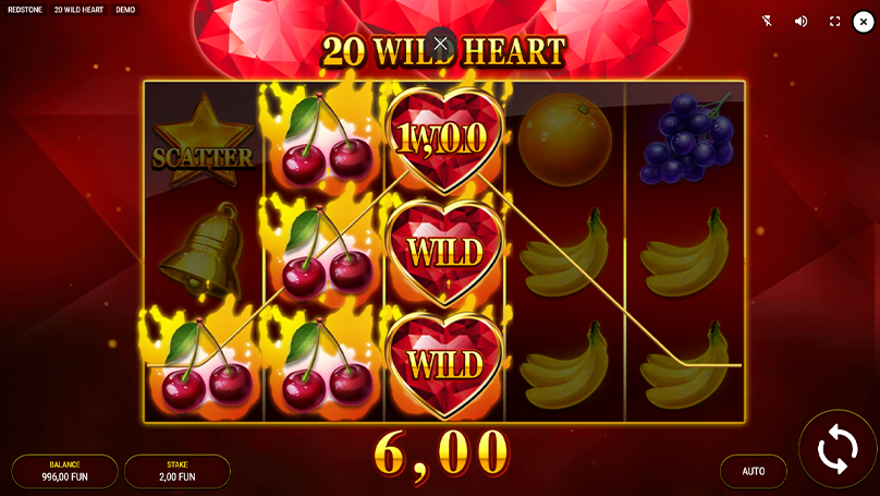 Heart wilds expand across central reels in 20 Heart Wild slot, glowing gold to highlight big winning combinations.