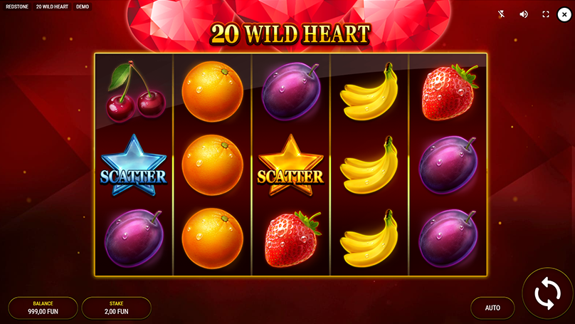 Screenshot of 20 Heart Wild slot reels with blue and gold star scatters showing potential instant cash payout triggers.