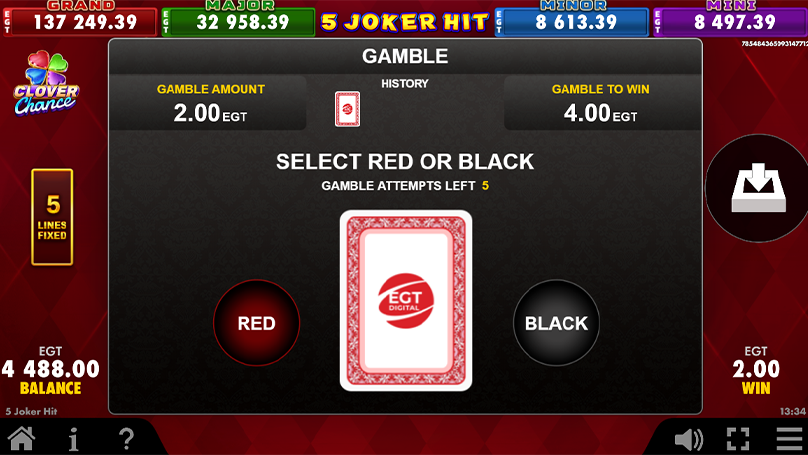 The player can gamble €2 to double their prize by correctly choosing a red or black card. 
