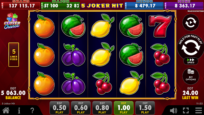 Various fruits – including plums, cherries, and lemons – cover the reels, while current jackpot values are above the grid. 