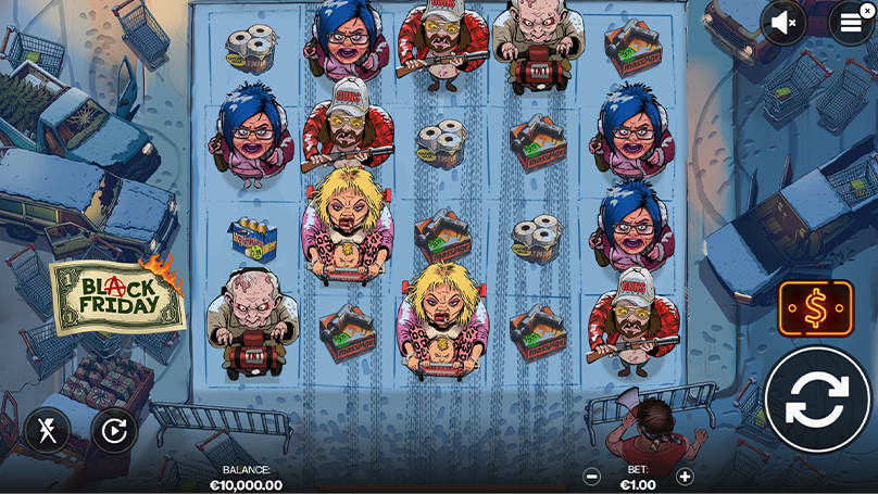 Slot game screen showing wild shoppers, shopping carts, toilet paper, and guns in a winter parking lot.