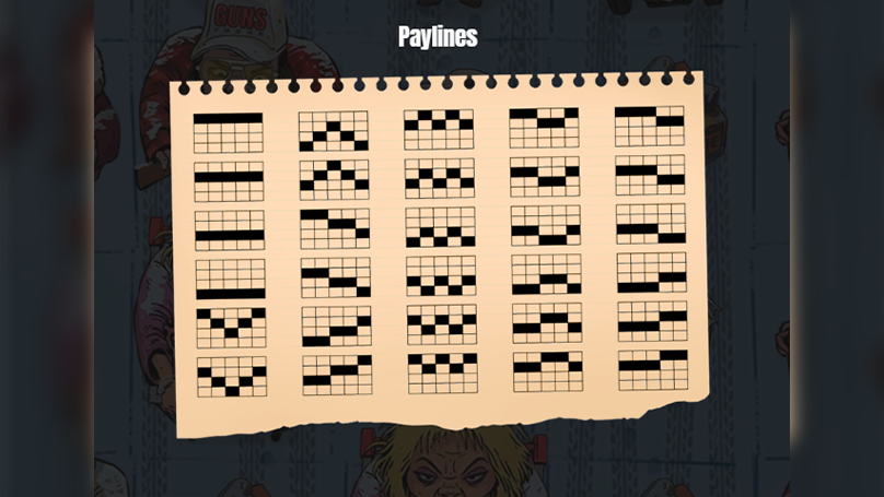 Notepad graphic showing 25 unique win lines for Black Friday slot, each path marked with thick black lines.