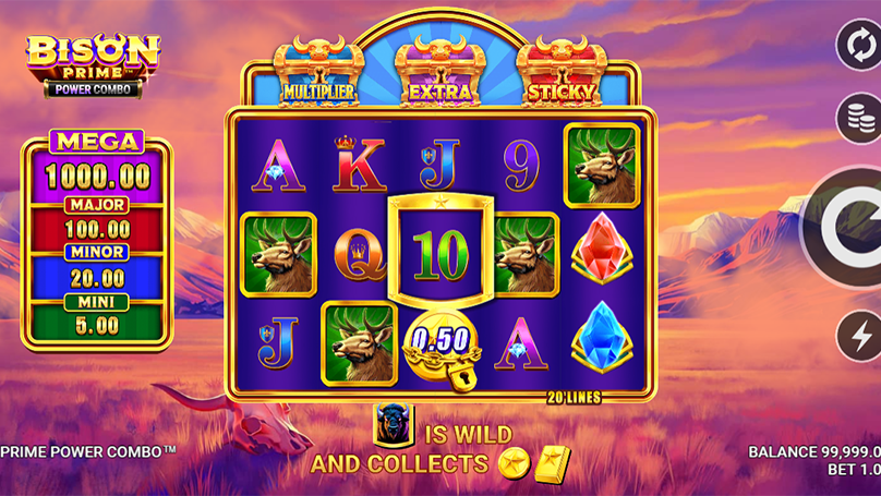 Bison Prime Power Combo online slot by Just For The Win: base game showing elk, card suit, and token symbols.