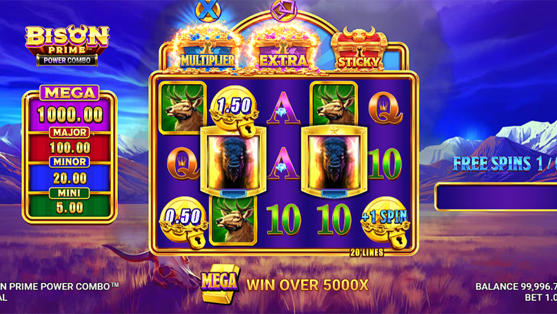Bison Prime Power Combo Free Spins round showing multipliers, Wild symbols, and a Mega win over 5,000x on a 5x3 grid with 20 paylines.