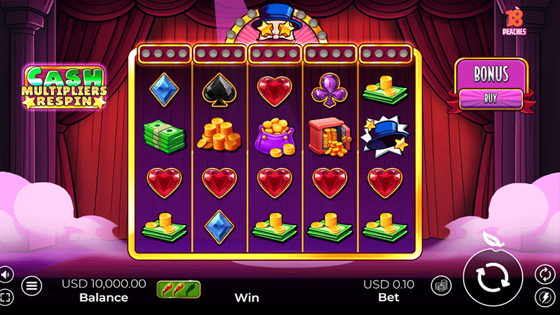 Gameplay screen of Cash Multipliers Respin slot with stacked reels, symbols, and bonus buy button.