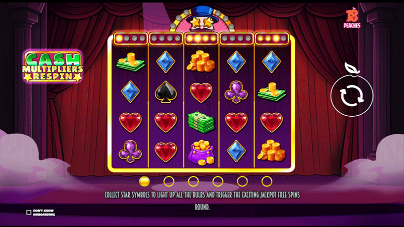Stage-themed intro screen of Cash Multipliers Respin slot showing reels and vibrant logo.