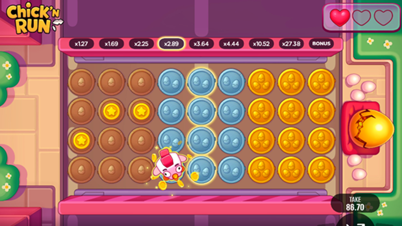 Cartoon chicken moves across a grid of bronze, blue, and gold coins toward a golden egg in Chick’N Run game, showing multipliers and bonus progress.