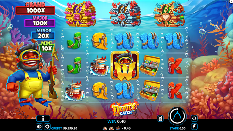 Devil's Catch slot game screen with reels, symbols, character, and jackpot values visible