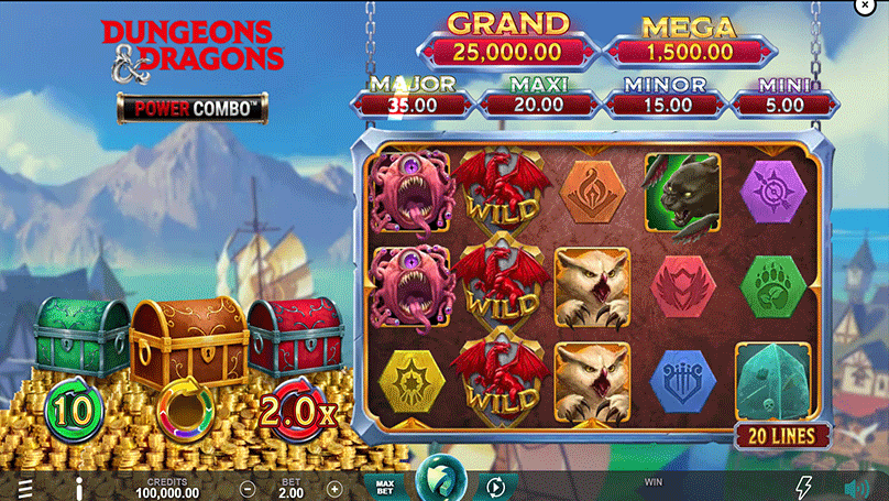 Gameplay screen for Dungeons & Dragons Power Combo with reels, jackpots, and fantasy themed symbols.