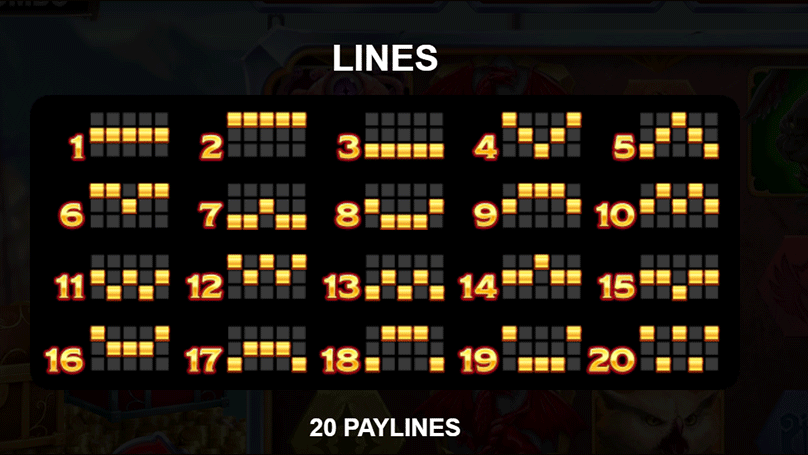 Visual grid showing 20 distinct payline patterns for Dungeons & Dragons Power Combo slot.