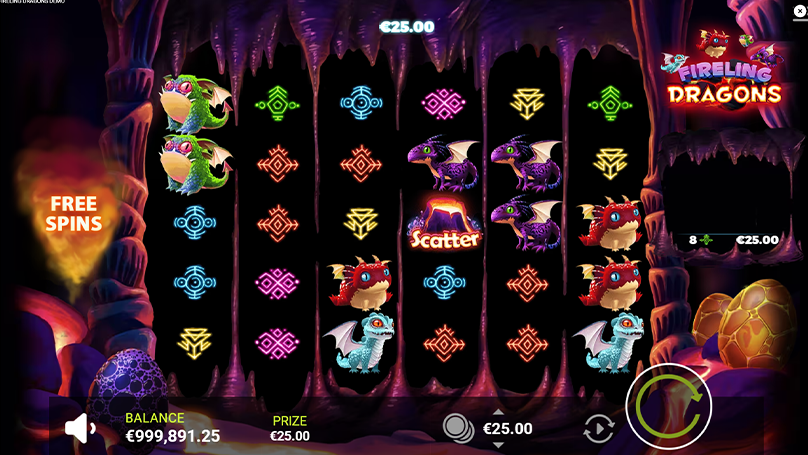 Fireling Dragons free spins bonus round with cartoon dragons and scatter symbols on display, showing cascading reels and multiplier mechanics in action.