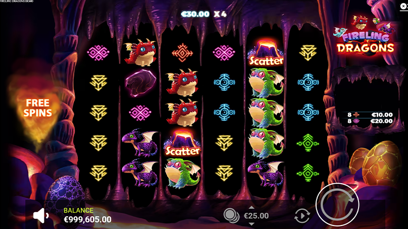 Fireling Dragons cascading reels feature showing multiple cluster wins stacking on top of each other with a 4x multiplier display at the top of the screen.