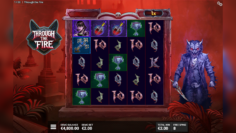 Through the Fire slot free spins screen showing reels, wolf character and bonus count