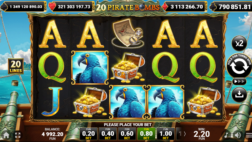 Screenshot highlighting special features of 20 Pirate Bombs slot, including tumbling reels and expanding wild symbols.