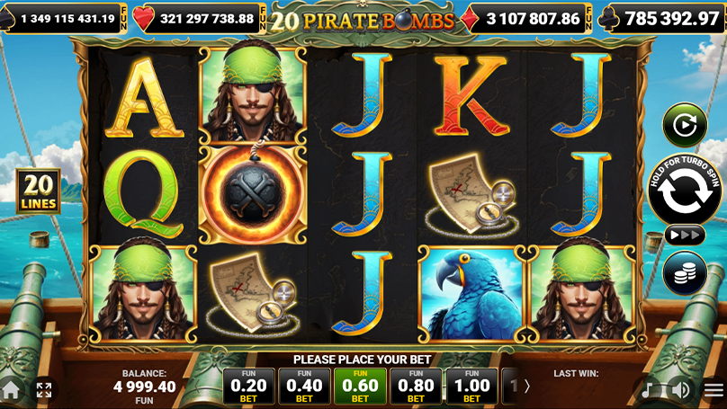 Screenshot of 20 Pirate Bombs slot showing colorful pirate symbols on reels with a treasure map background.