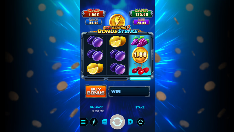 777 Blazing2 Bonus Strike slot screen displaying fruit symbols, a bonus coin with 1.00 value, and a WIN indicator showing active gameplay with a balanced payout structure.