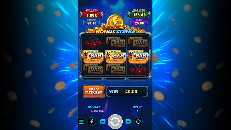 777 Blazing2 Bonus Strike Hold & Win bonus screen showing a grid filled with golden BAR symbols and a 20.00 coin value, displaying a 40.00 win amount with four-tier jackpot meters above the reels.