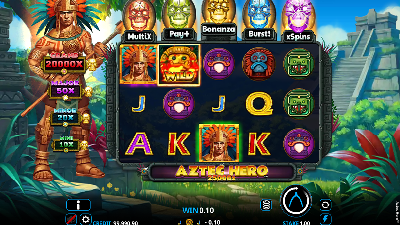 A screenshot of a base game spins in Aztec Hero, with lively colors and well-designed symbols.