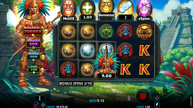 A screenshot of a free spins round in the Aztec Hero slot, with the Pay+ and Burst! bonus features activated.