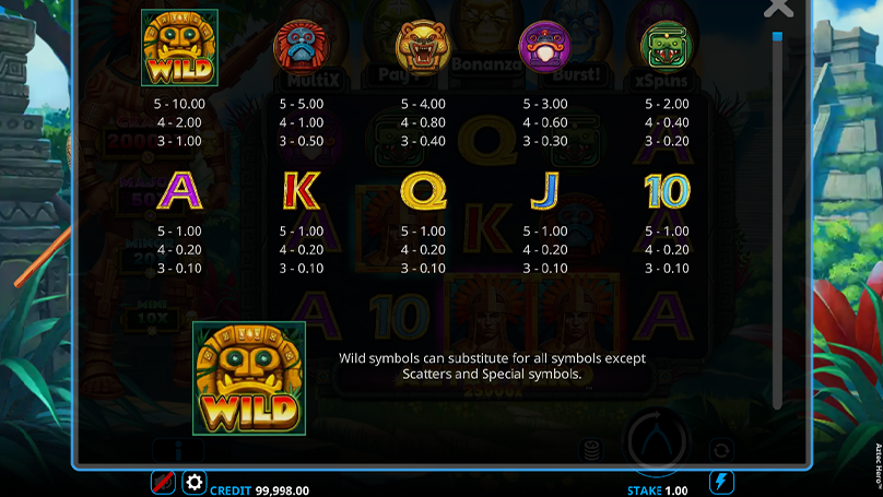 A screenshot of the paytable in the Aztec Hero slot, with 9 regular paying symbols, their values, and the wild symbol.