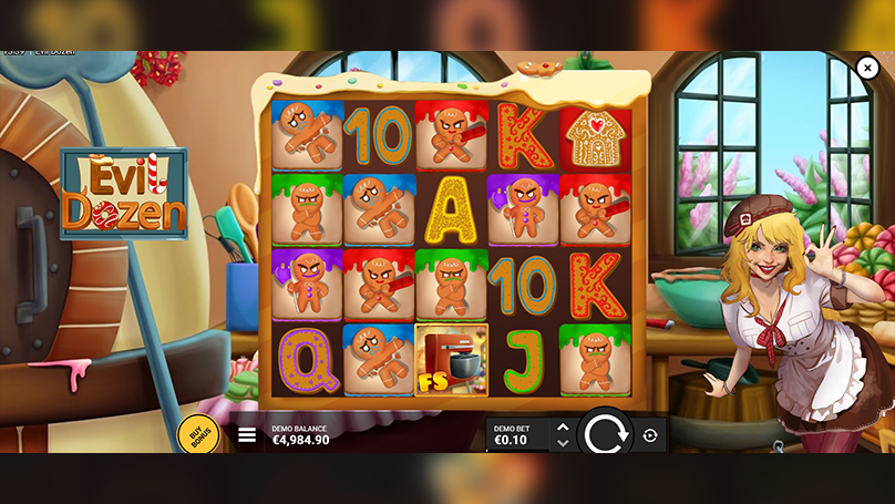 Evil Dozen slot gameplay with gingerbread characters on a five-reel Christmas-themed grid. 
