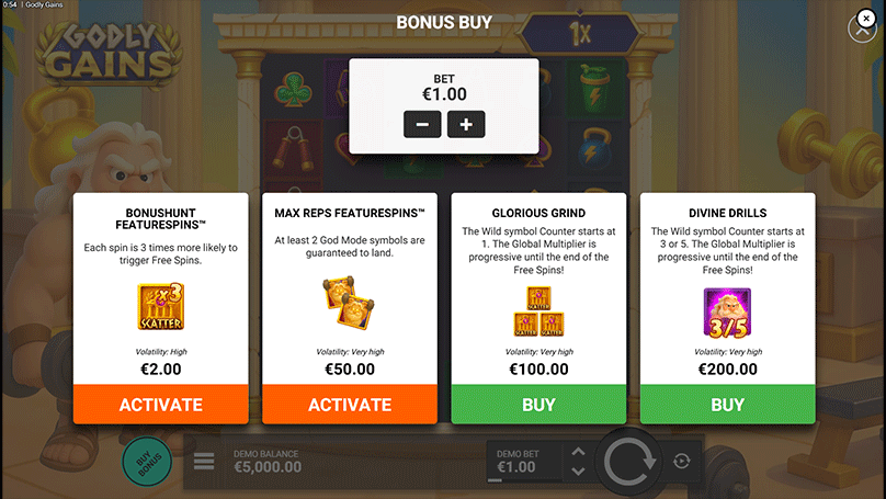 Players can instantly trigger the Glorious Grind or Divine Drills features through the Bonus Buy options.