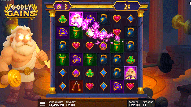 Showing Godly Gains slot reels in motion with wild symbols activating across the 6x6 grid.