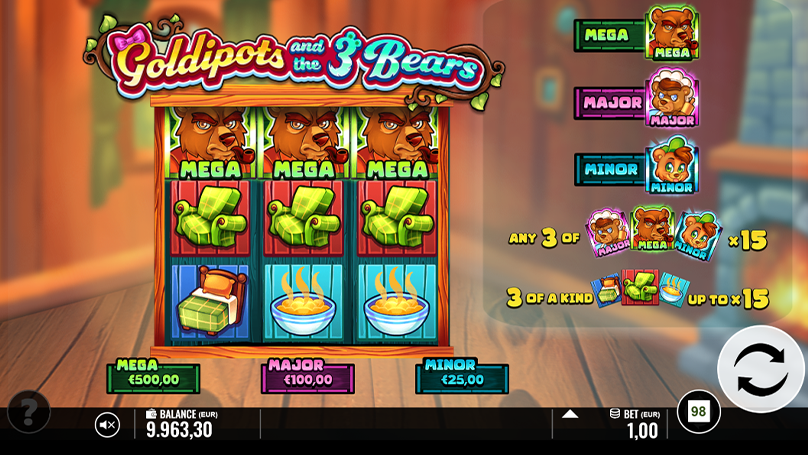 Goldipots and the 3 Bears slot game showing Mega jackpot win with colorful reels and €500 Mega prize highlighted.