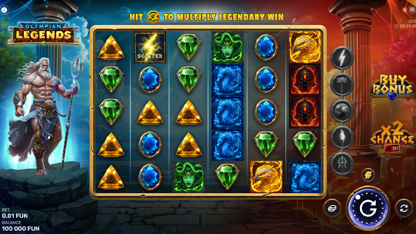Olympian Legends slot gameplay with detailed graphics, featuring vibrant symbols, Medusa, and legendary creatures for big wins.
