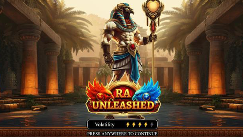 Intro screen showing Ra Unleashed slot’s Egyptian god character and volatility.