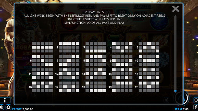 Display of 20 payline configurations for Ra Unleashed slot game.