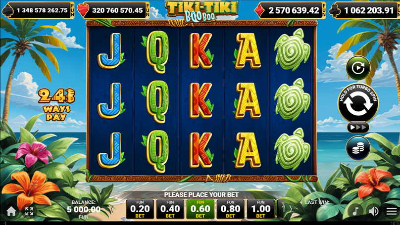 Colorful tropical-themed slot machine game screen with reels showing J, Q, K, A symbols.