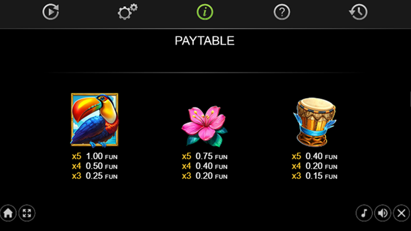 Tiki-Tiki Boo Boo paytable showing symbol payouts for toucan, flower, and drum with values in FUN currency.