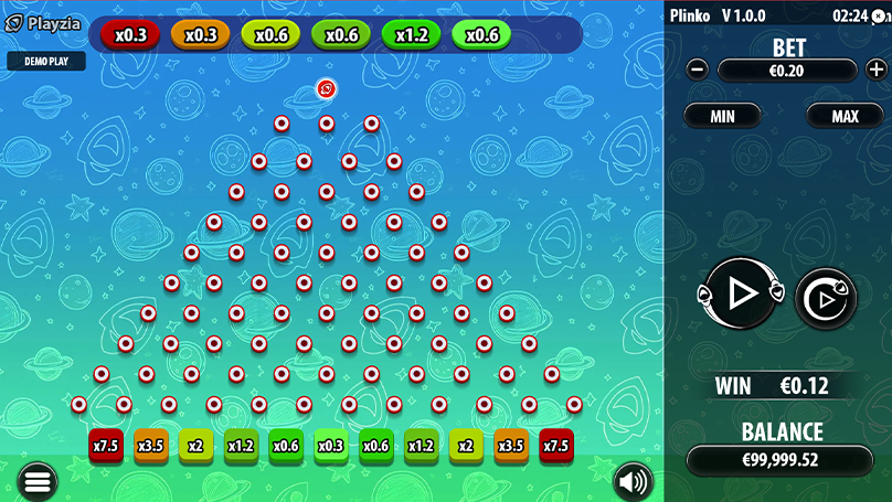 Playzia Plinko demo gameplay showing space-themed peg board with red ball, multiplier slots, and €0.20 bet interface.
