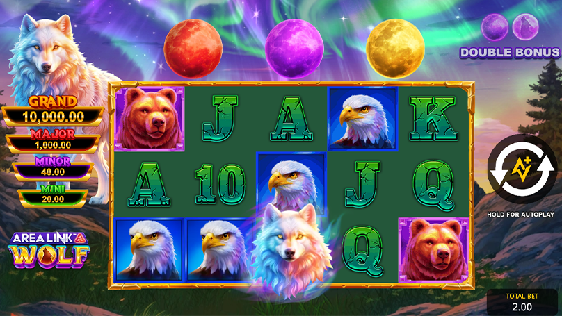 Slot reels of Area Link Wolf with stacked wolf wilds, eagles, glowing moons above, and a jackpot ladder on the side
