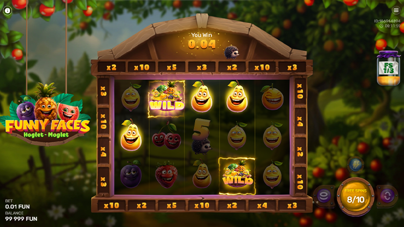 Hoglet-Moglet Free Spins bonus round, with two Wild symbols, win multipliers (x2, x10, x5, etc.) active around the reels.