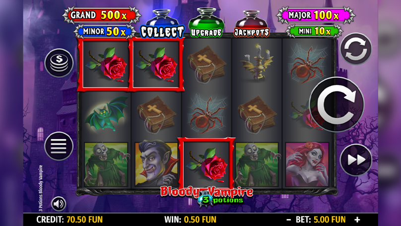 Screenshot of 3 Potions Bloody Vampire slot showing active Collect and Upgrade feature symbols and potion icons on the reels. 