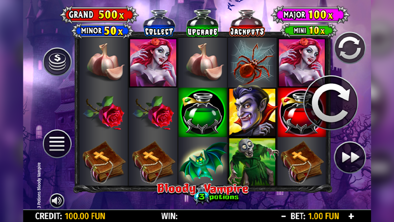 Screenshot of 3 Potions Bloody Vampire slot showing potion and vampire symbols on the reels with glowing effects and a gothic background.