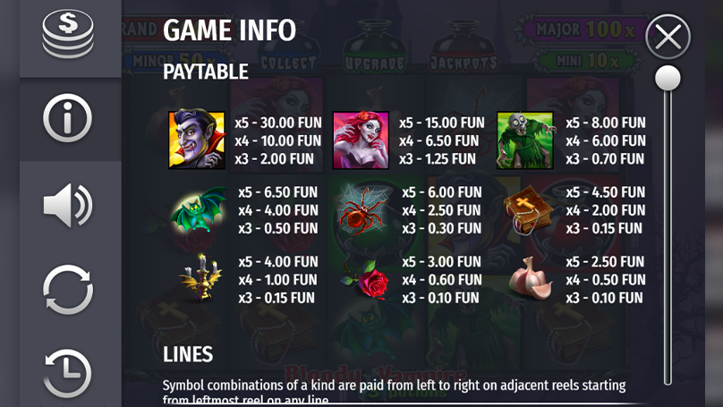 Screenshot of 3 Potions Bloody Vampire slot paytable showing symbol values for potions, vampires, and special icons.